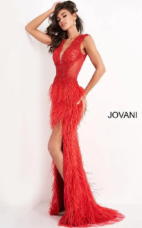 Jovani 06446 Long Sheath Feather Prom Dress