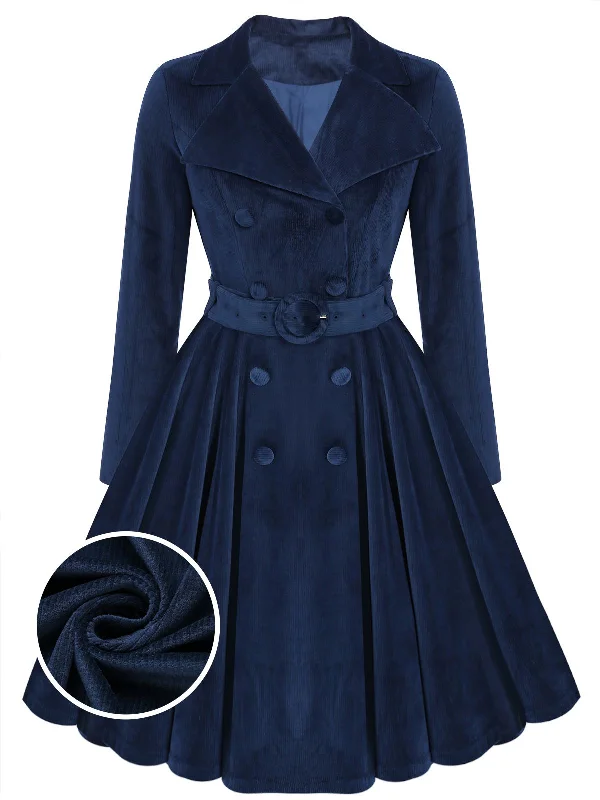 Navy Blue 1950s Corduroy Long Coat