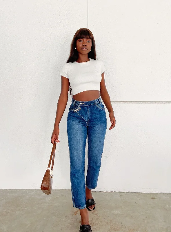 Asymmetric Exposed Button Fly Mid Wash Mom Jeans