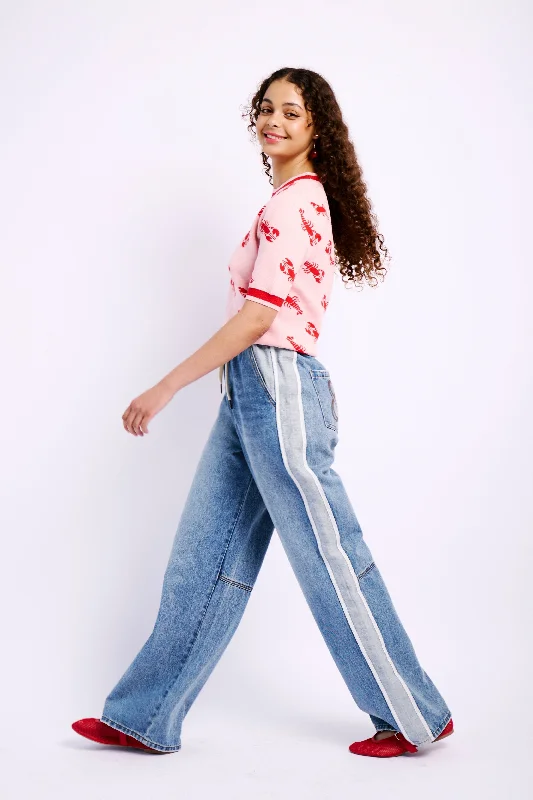 Elasticated Wide Leg Jeans with Contrast Stripe in Medium Blue