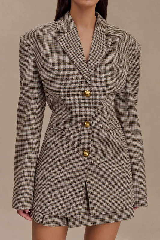 Plaid Print Notched Lapel Button Belted Blazer