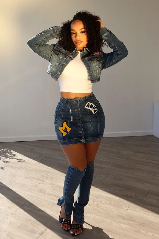 Whatever Patch Denim Jacket & Skirt Leg Warmers SET