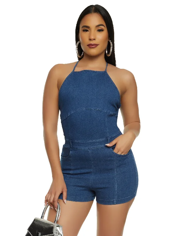 Sleeveless Halter Denim Romper