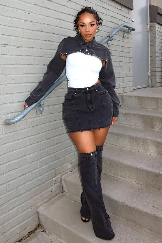 Stud Denim Jacket & Skirt Leg Warmers SET