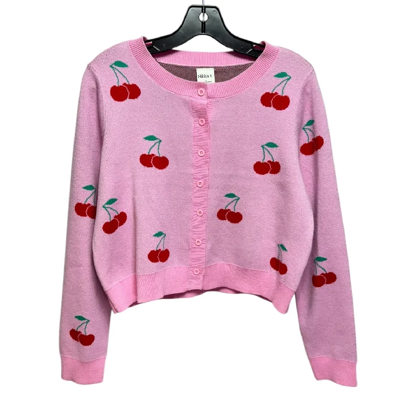 Cropped Cherry Cardigan Sweater By Nikka K In Pink, Size: L