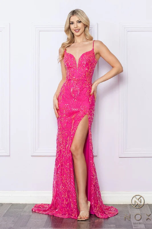 Nox Anabel D1355 Fitted Long High Slit Prom Dress