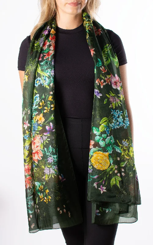 Dark Green Floral Silk Scarf