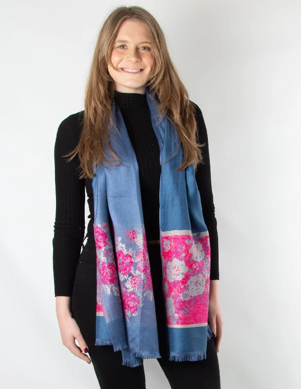 Steel Blue And Hot Pink Floral Panel  Patterned Pashmina