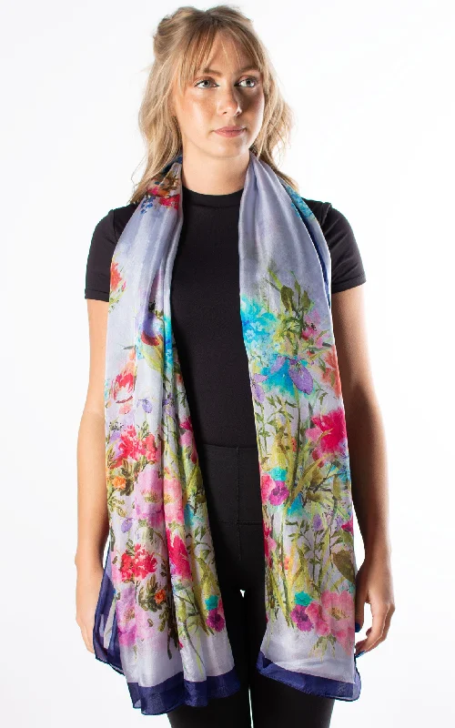 Watercolour Flowers Navy Silk Scarf