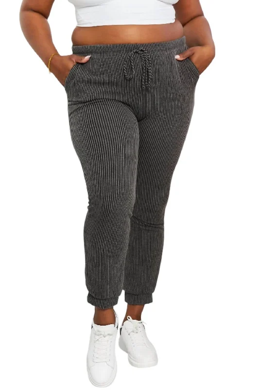 Full Size Easy Living Ribbed Joggers In Dark Gray