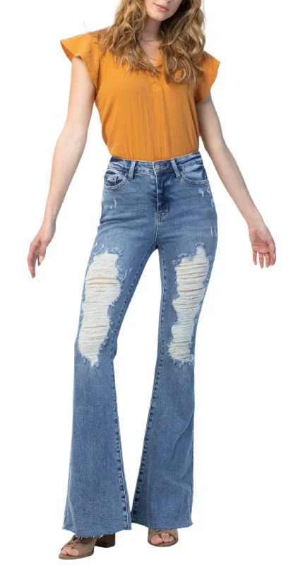 Heavy Destroyed Flare Jeans In Medium Wash