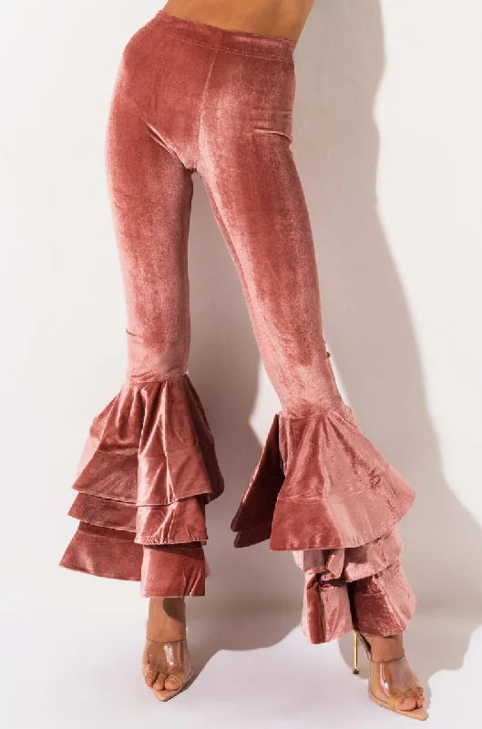 LUCKY ME HIGH WAISTED VELVET RUFFLE PANTS LIGHT PINK