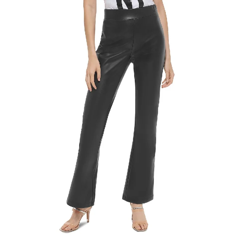 Womens High Rise Faux Leather Flared Pants