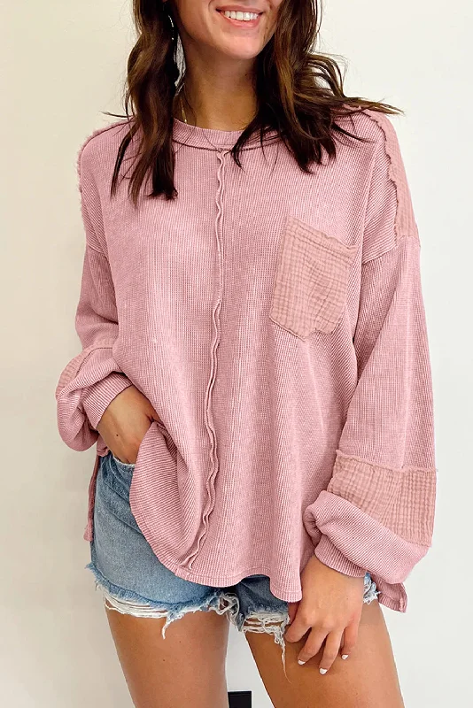 Exposed Seam Patchwork Bubble Sleeve Waffle Knit Top