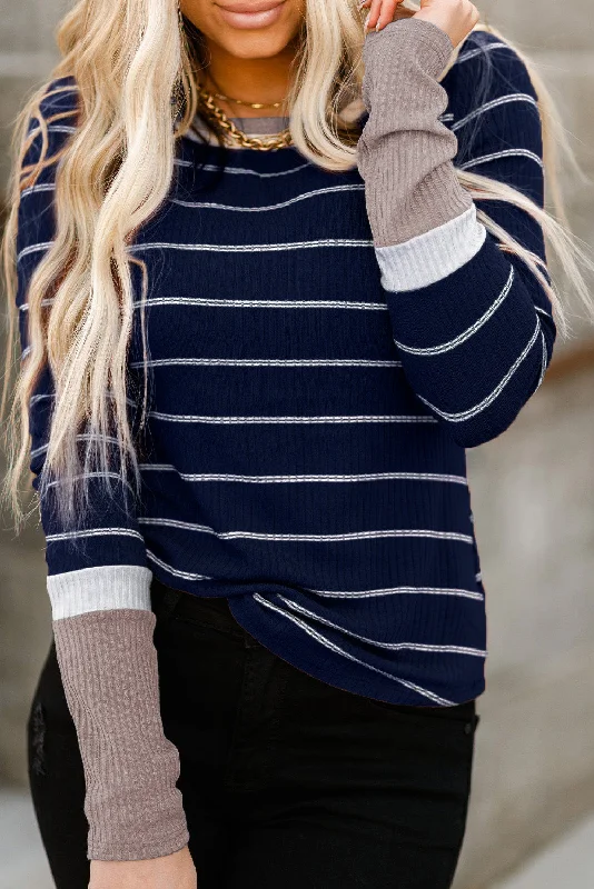 Extend Color Block Cuffs Rib Knit Striped Pullover