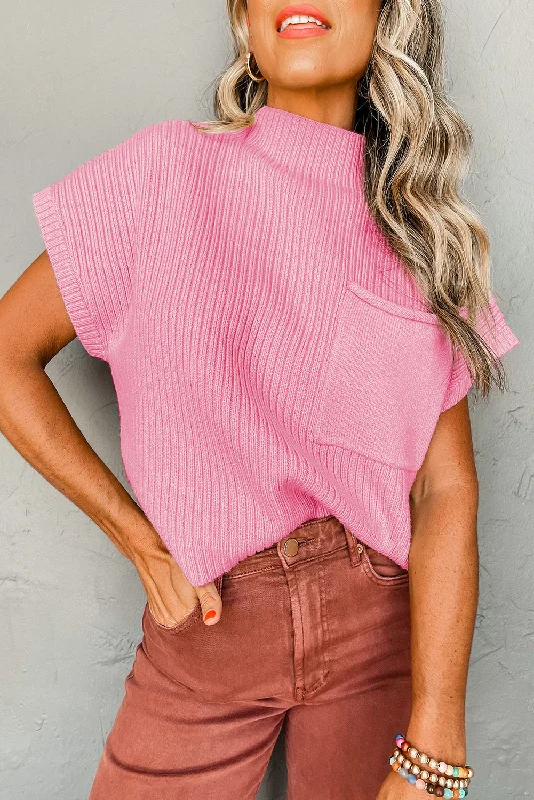 Patch Pocket Ribbed Knit Short Sleeve Sweater