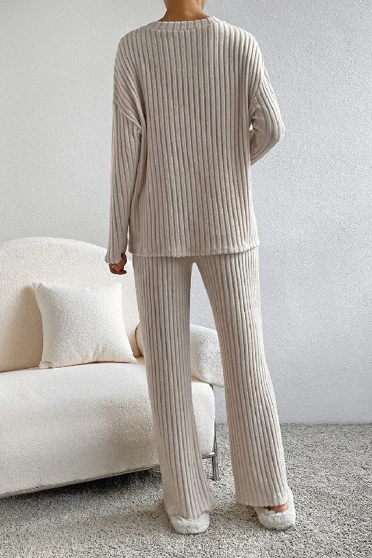 Ribbed Knit V Neck Slouchy Two-piece Outfit