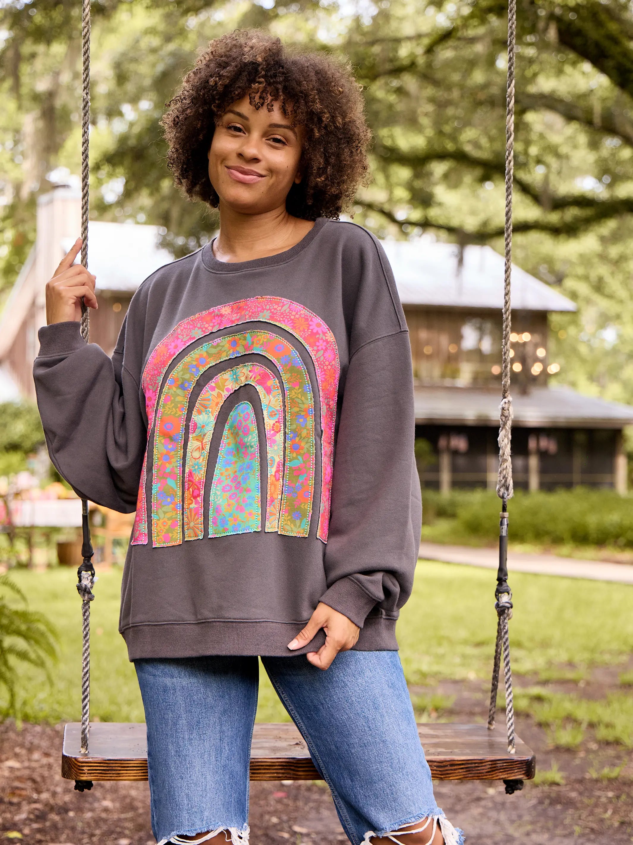 Applique Crewneck Sweatshirt - Charcoal Rainbow