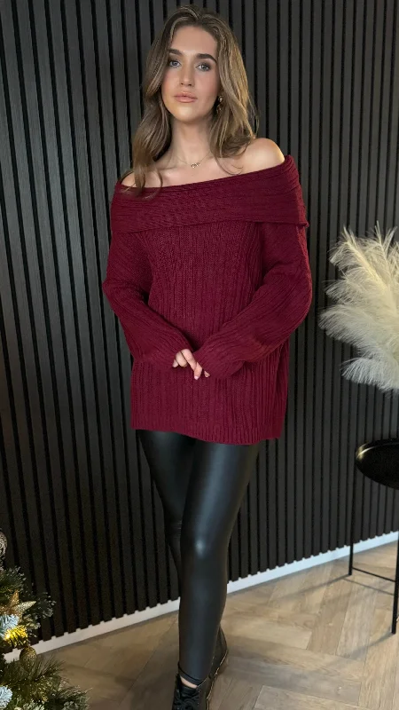 Elianna Burgundy Wide Neck Off Shoulder Knit Top