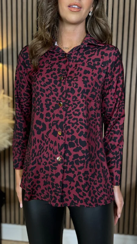 Evalina Burgundy & Black Leopard Print Shirt