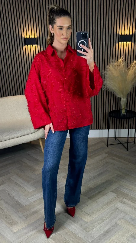 Jovie Red Textured Oversized Shirt