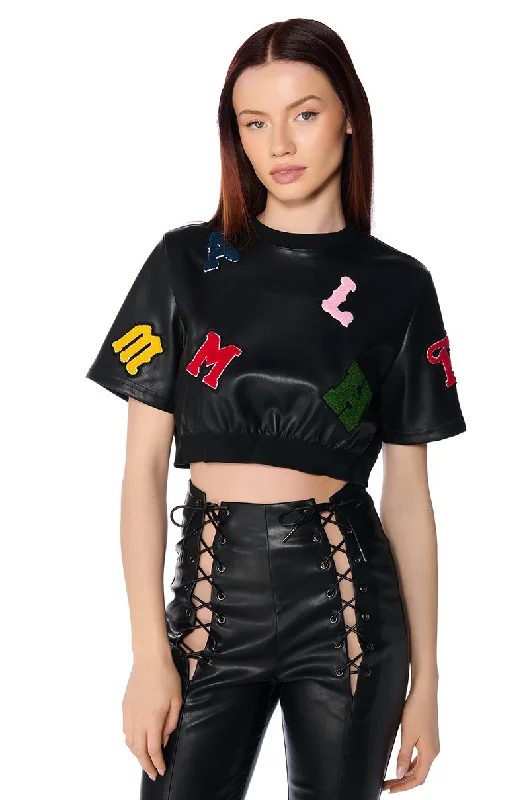 ABC FAUX LEATHER PATCHWORK T SHIRT