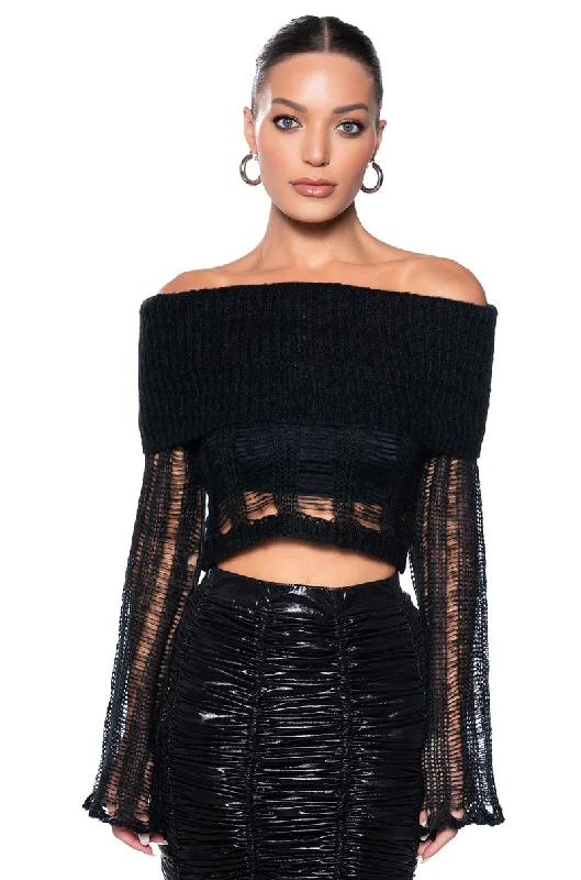 BAD INTENTIONS OFF THE SHOULDER DISTRESSED SWEATER