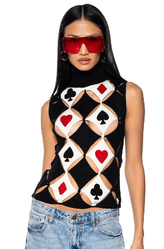 PLAYING CARDS TURTLENECK CUT OUT KNIT TOP