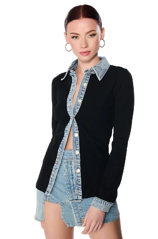 RIB KNIT DENIM TRIM BUTTON DOWN COLLARED SHIRT IN BLACK